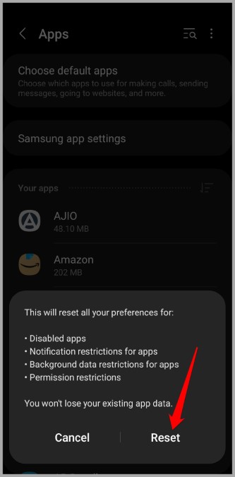 Confirmar Restablecer la preferencia de la aplicación en el teléfono Samsung Galaxy