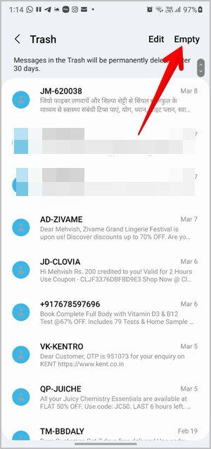 Samsung Mensajes basura vacía
