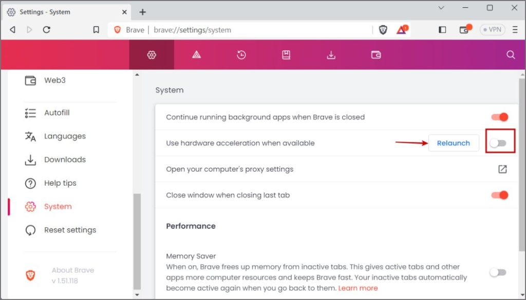 Desactivar la aceleración de hardware en Brave