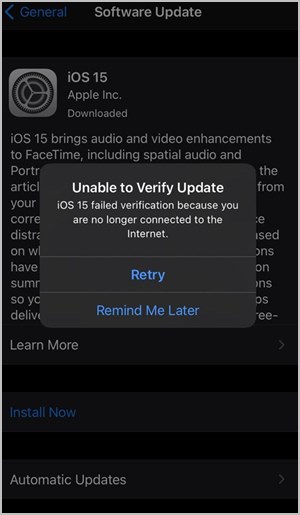 No se puede instalar la actualización de iOS 15 verificar