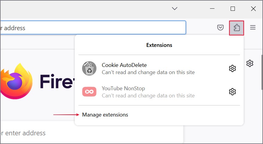Página de extensiones de apertura Firefox