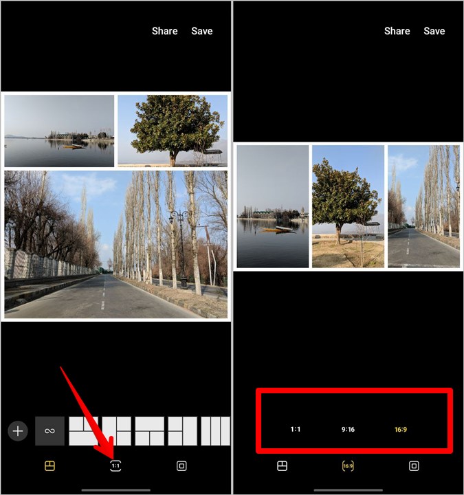 Relación de aspecto de edición de collage de Samsung
