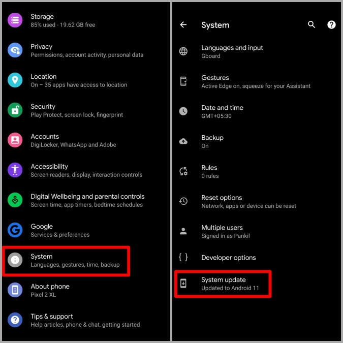 Actualización del sistema en el teléfono Pixel