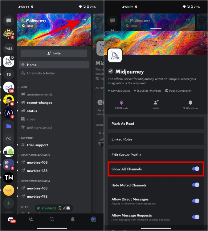 Mostrando todos los canales en Discord Mobile