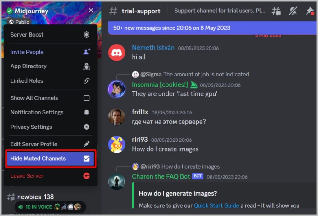 Ocultar todos los canales apagados en Discord Server