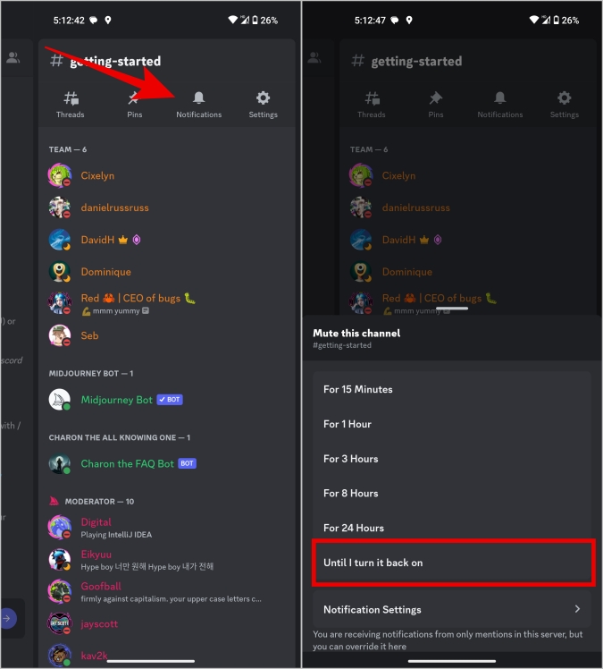 Muting de canal en Discord Server en la aplicación móvil