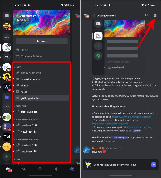 Abrir opciones de servidor en Discord Mobile