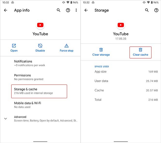 Borrar caché de YouTube en Android