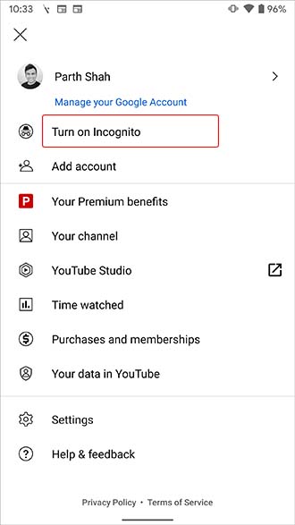 Habilitar el modo privado en YouTube en Android