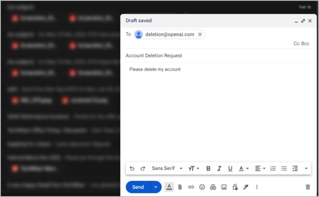 Solicitud de eliminación de la cuenta de chatgpt por correo electrónico