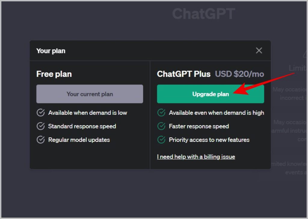 Plan de actualización en chatgpt