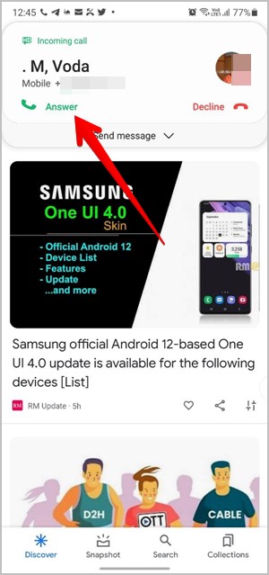 Samsung Respuesta llame Swipe Swipe