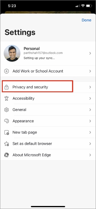 Abra el menú de privacidad en Microsoft Edge