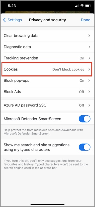 Menú de cookies en Microsoft Edge