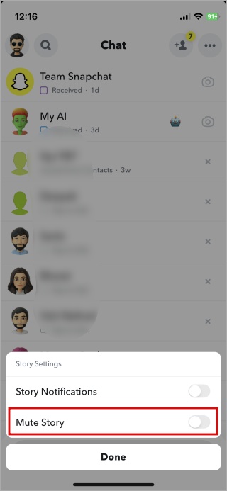 Notificaciones de la historia muda en Snapchat