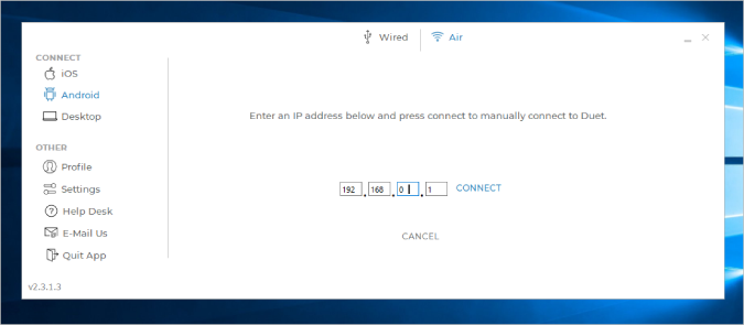 Ingresando manualmente la dirección IP para conectar.