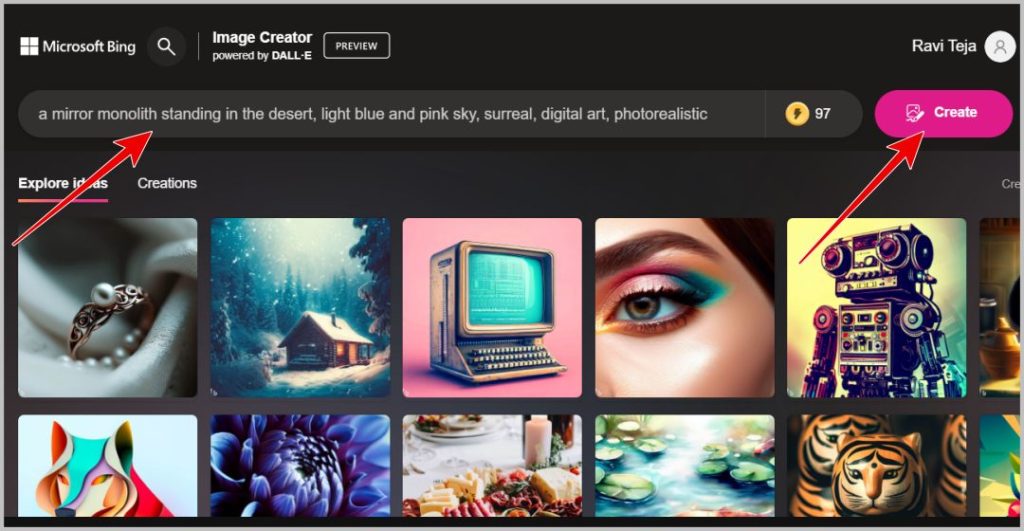 Creación de imagen con un aviso en Bing Image Creator