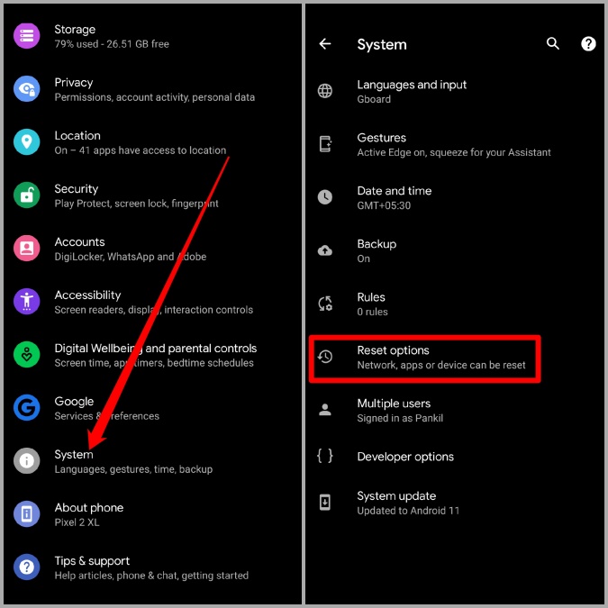 Restablecer opciones en Android