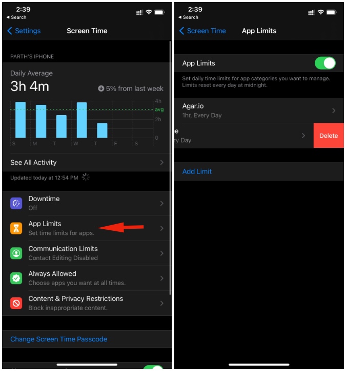 Desactivar los límites de la aplicación en iPhone