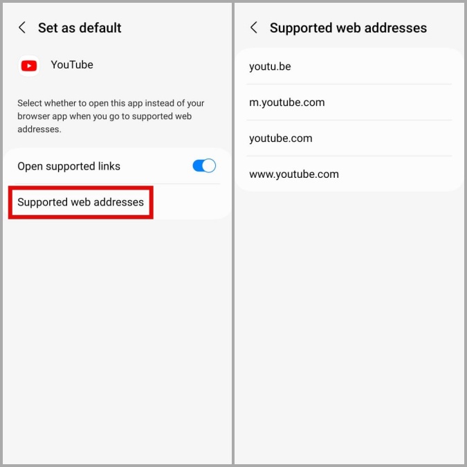 Revise YouTube Abrir enlaces con compatible en Android