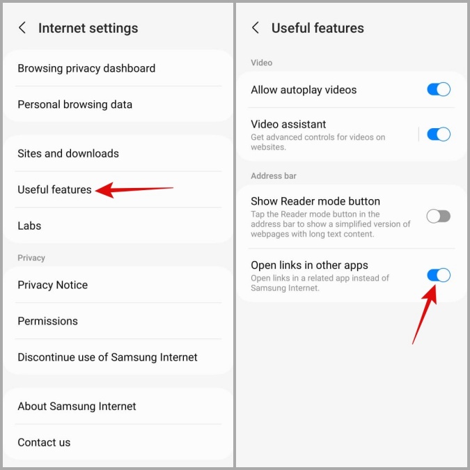 Configurar Samsung Internet para abrir enlaces compatibles en otras aplicaciones