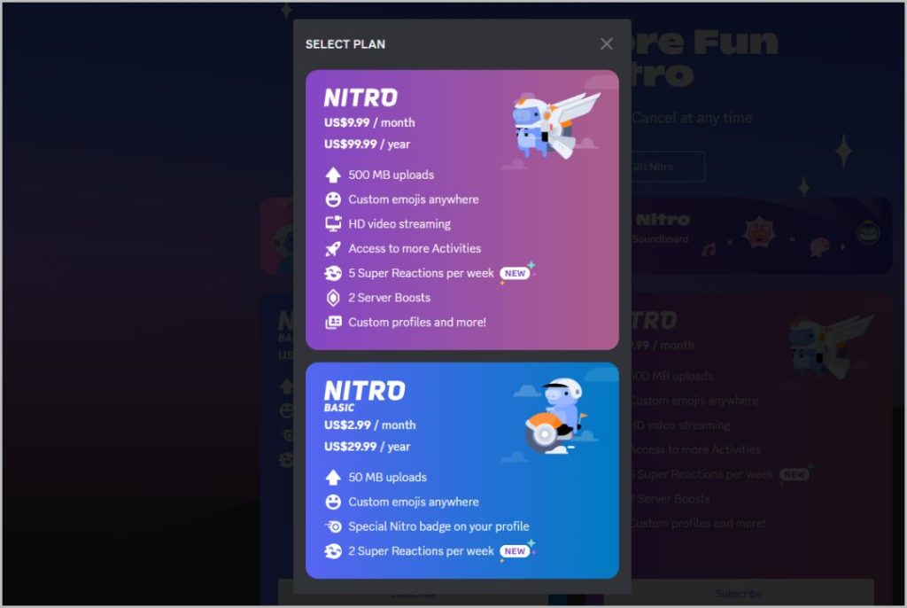 Nitro y nitro básico en la aplicación Discord