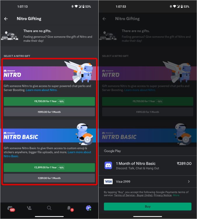 Pagar por Discord Nitro en la aplicación móvil