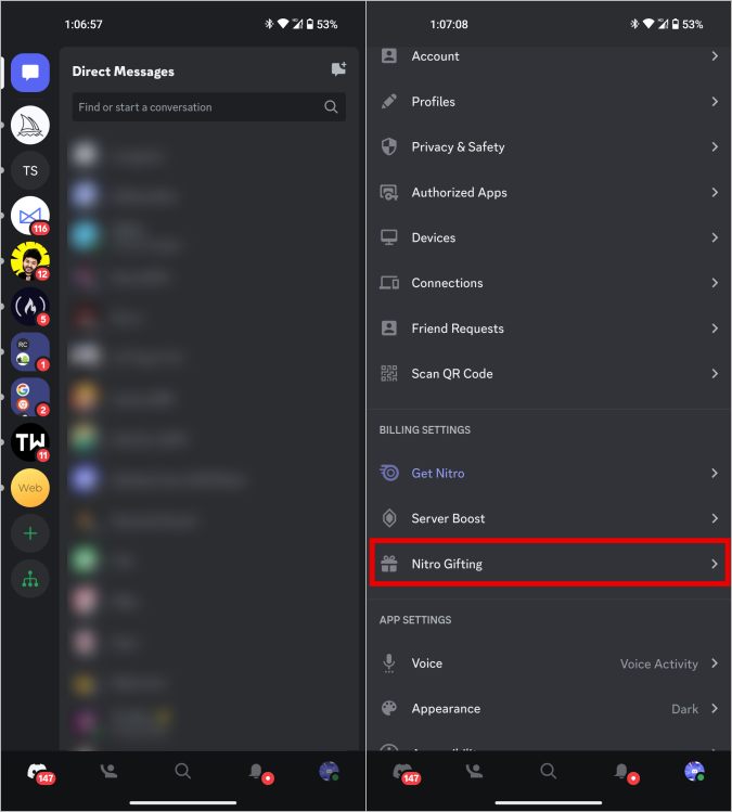 Función de regalos nitro en la aplicación móvil Discord