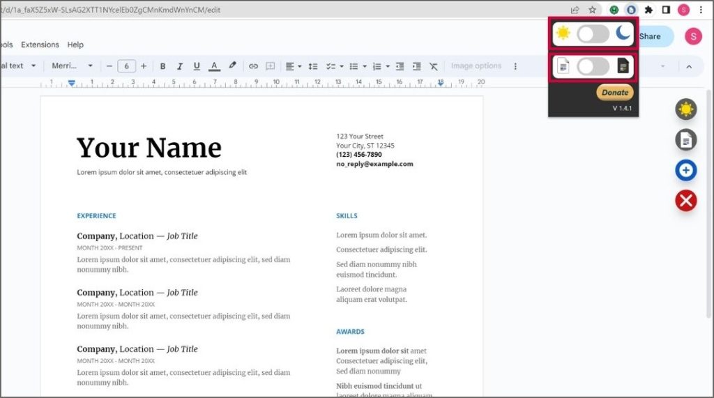 habilitando la extensión del modo oscuro para Google Docs