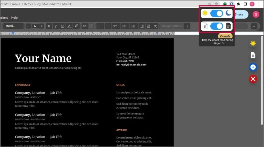 Google Docs Modo oscuro usando Extensión