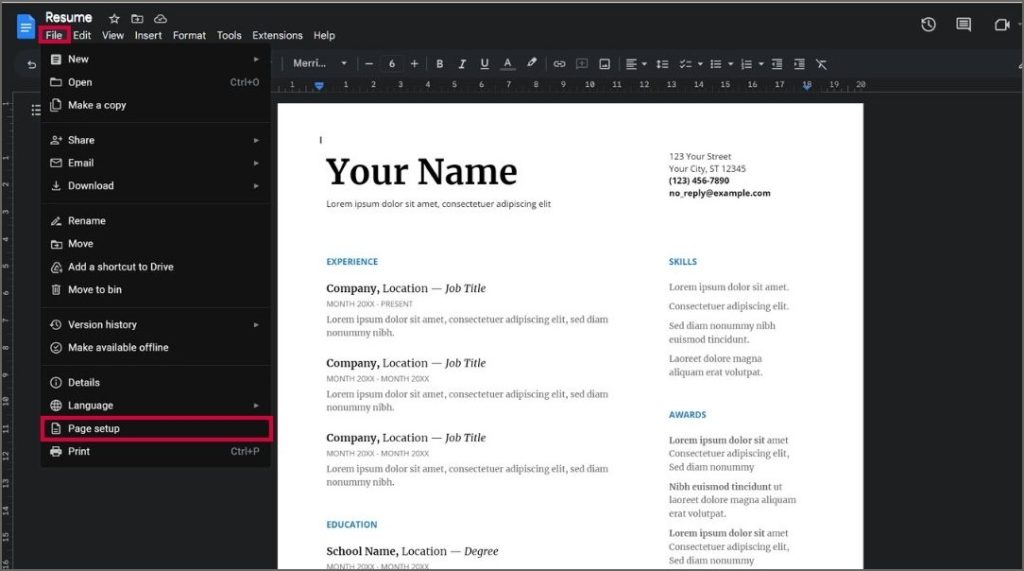 Configuración de configuración de página Google Docs