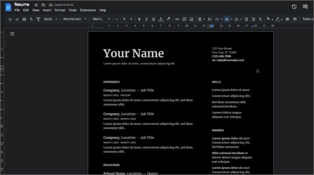 Modo oscuro Google Docs