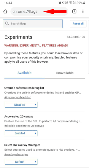 Una imagen que muestra la página de banderas de Chrome