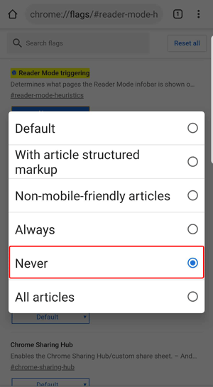 Configuración de la opción de nunca en la bandera del modo de lectura