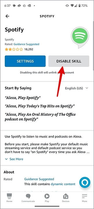 Deshabilitar la habilidad de Spotify en Alexa