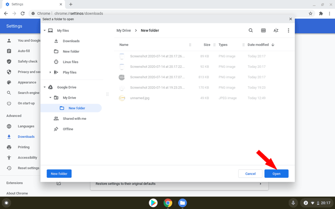 Seleccionar la ubicación de las descargas en Google Chrome en Chromebook