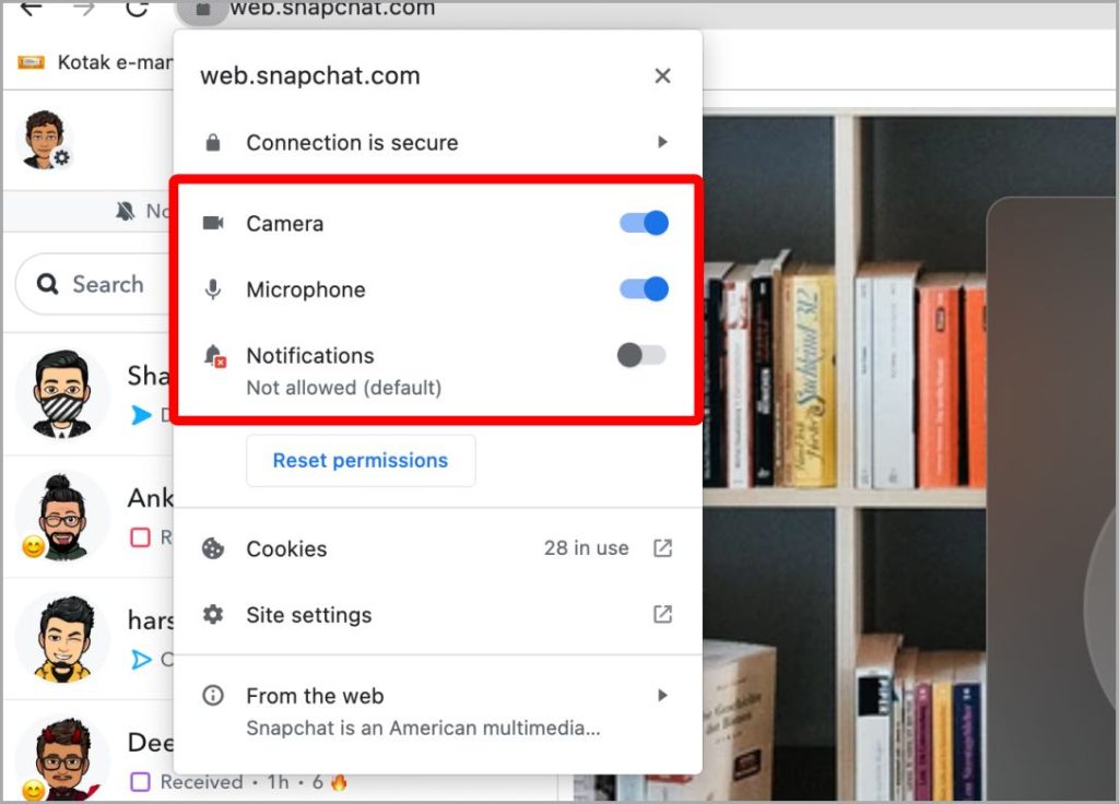 Permisos web de Snapchat en PC y Mac