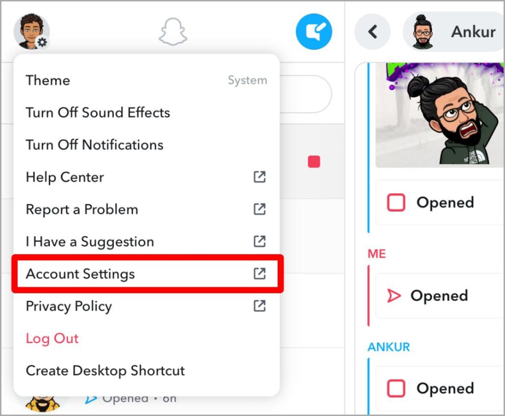 Abra la configuración de la cuenta en Snapchat Web
