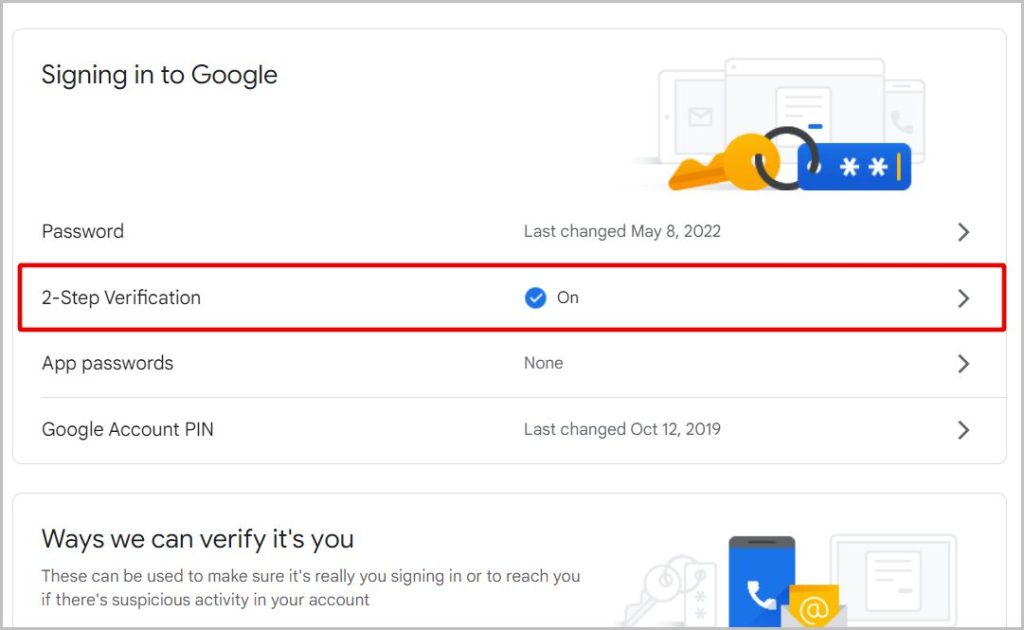 Verificación de 2 pasos en la configuración de Google