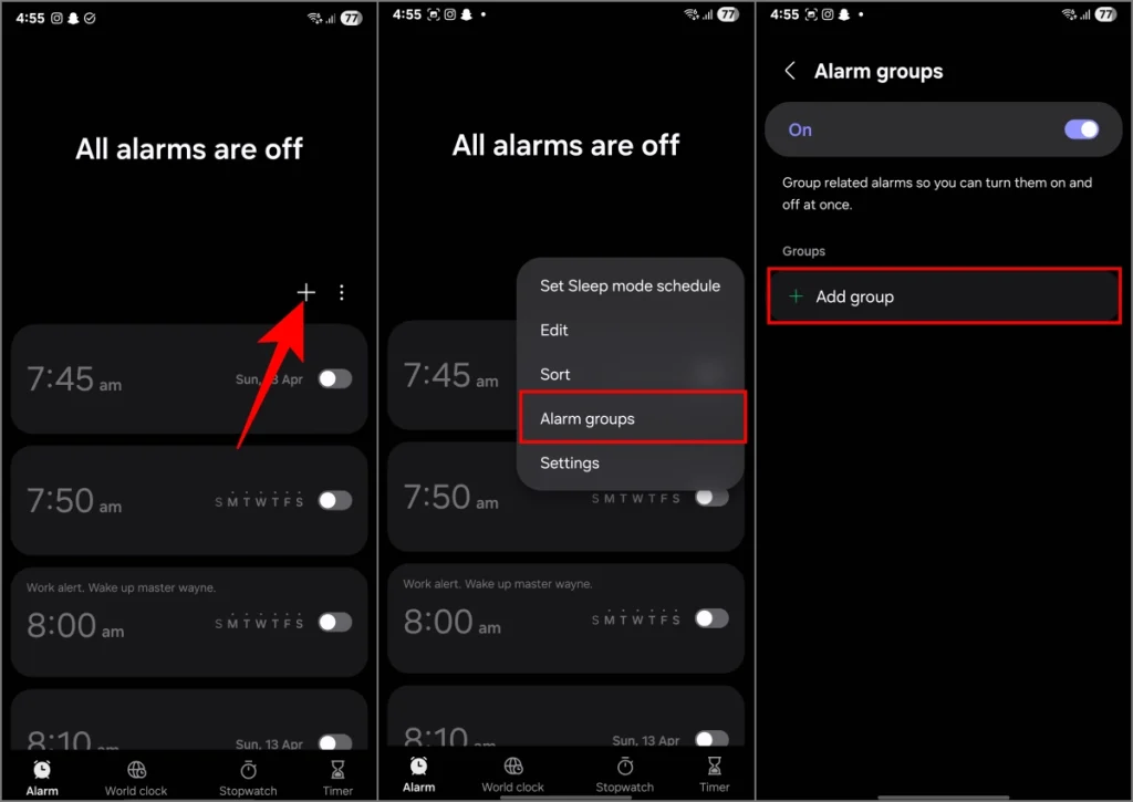 Creación de grupos de alarma en Samsung One UI 7