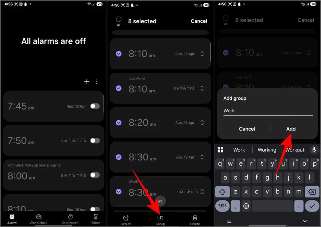 Creación de grupos de alarma en Samsung One UI 7