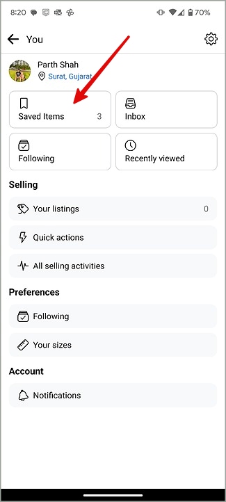 artículos guardados en el mercado de Facebook