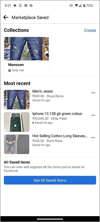 Verifique los artículos guardados en el mercado de Facebook