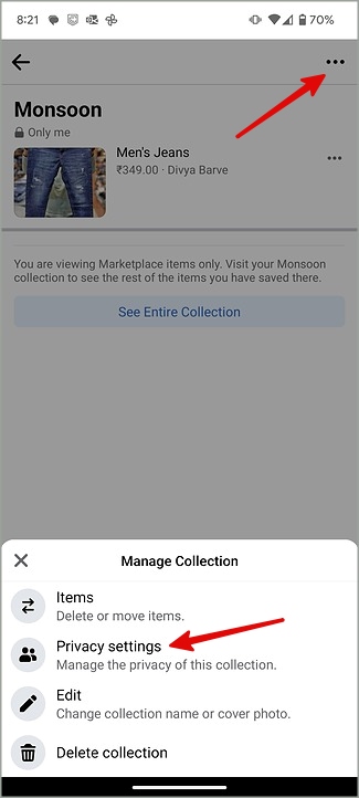 Configuración de privacidad en el mercado de Facebook