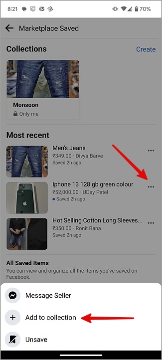 Agregue un artículo a la recopilación en el mercado de Facebook