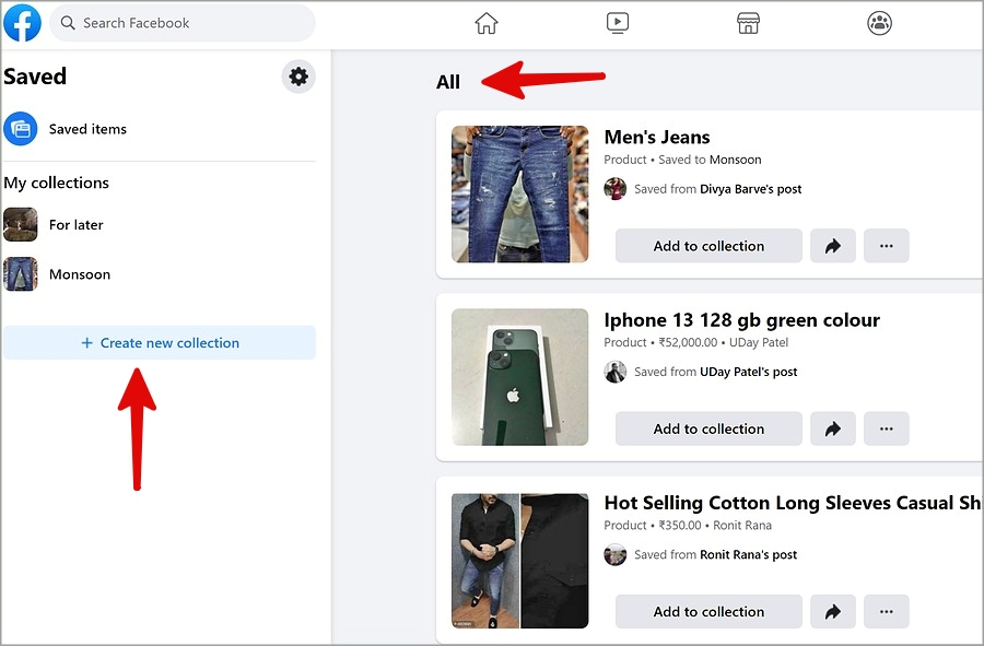 Verifique los artículos guardados en el mercado de Facebook en la web