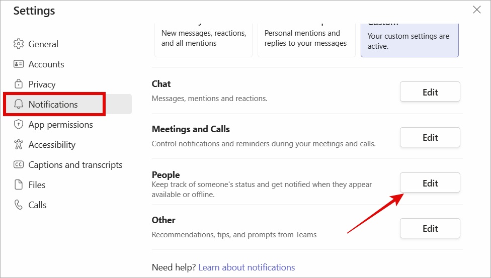 Configuración de notificación de Microsoft Teams People