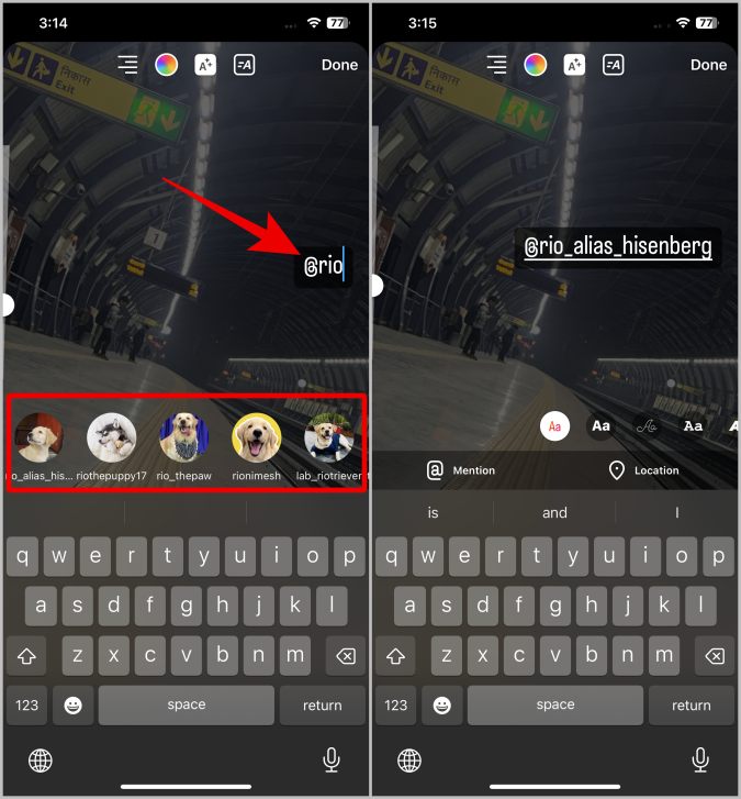 Seleccionando al usuario para mencionar en la historia de Instagram