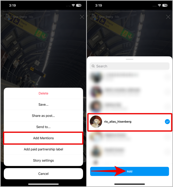Agregar menciones a la historia de Instagram después de publicar