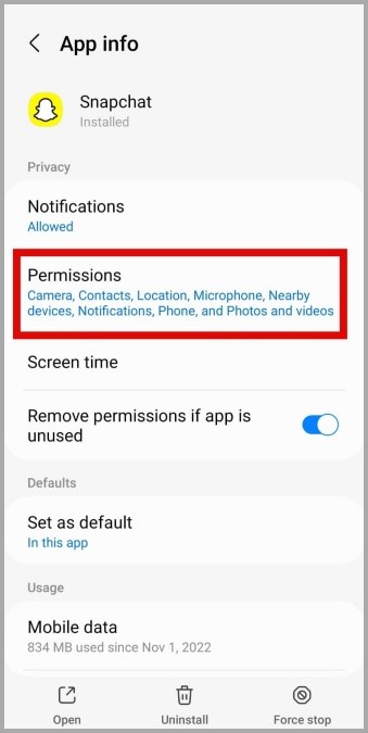 Permisos de la aplicación Snapchat
